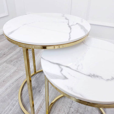 Cato Tall Gold Nest Tables - Set of 2 with Polar White Sintered Stone Tops - UK Luxury Furniture